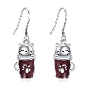 Cat Coffee Cup Earrings Kawaii Teacup Paw Print Animal Lover Gift Dangle NEW
